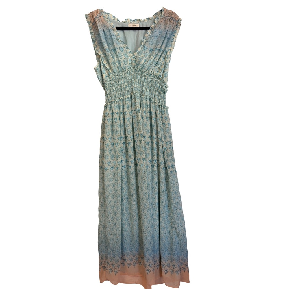 Max Studio Blue Peach Floral Ombre Smocked Waist Cottagecore Fairy Maxi Dress L